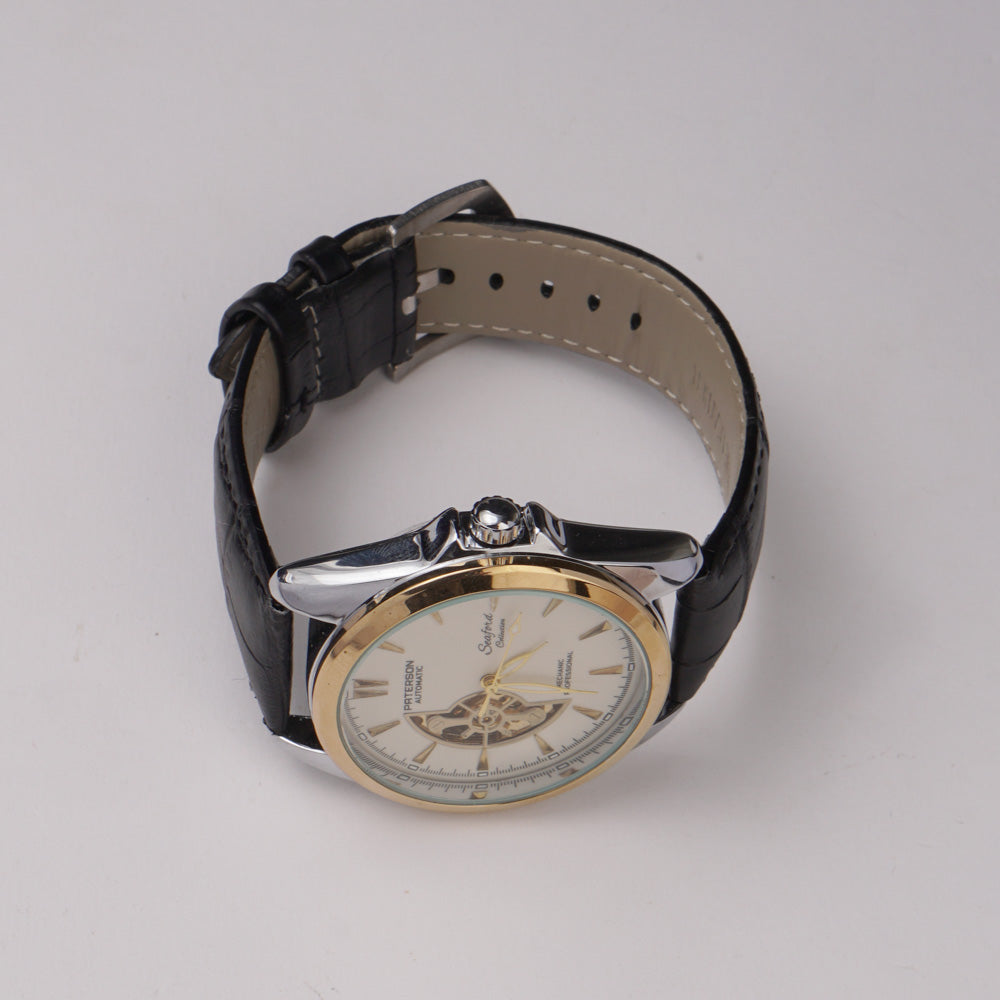 Mans Automatic Watch With Leather Straps Silver Gld