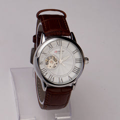 Mans Automatic Watch With Leather Straps Silver Wht