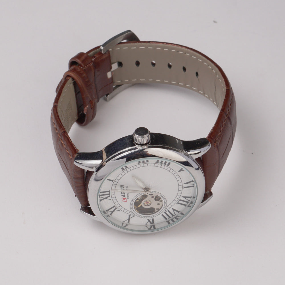 Mans Automatic Watch With Leather Straps Silver Wht