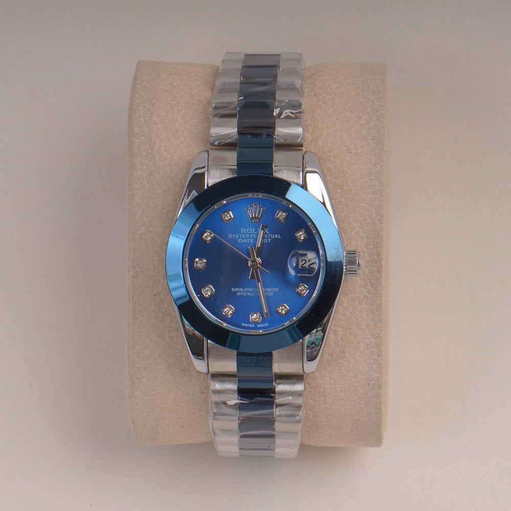 Two Tone Womans Silver Chain Wrist Watch With Blue Dial