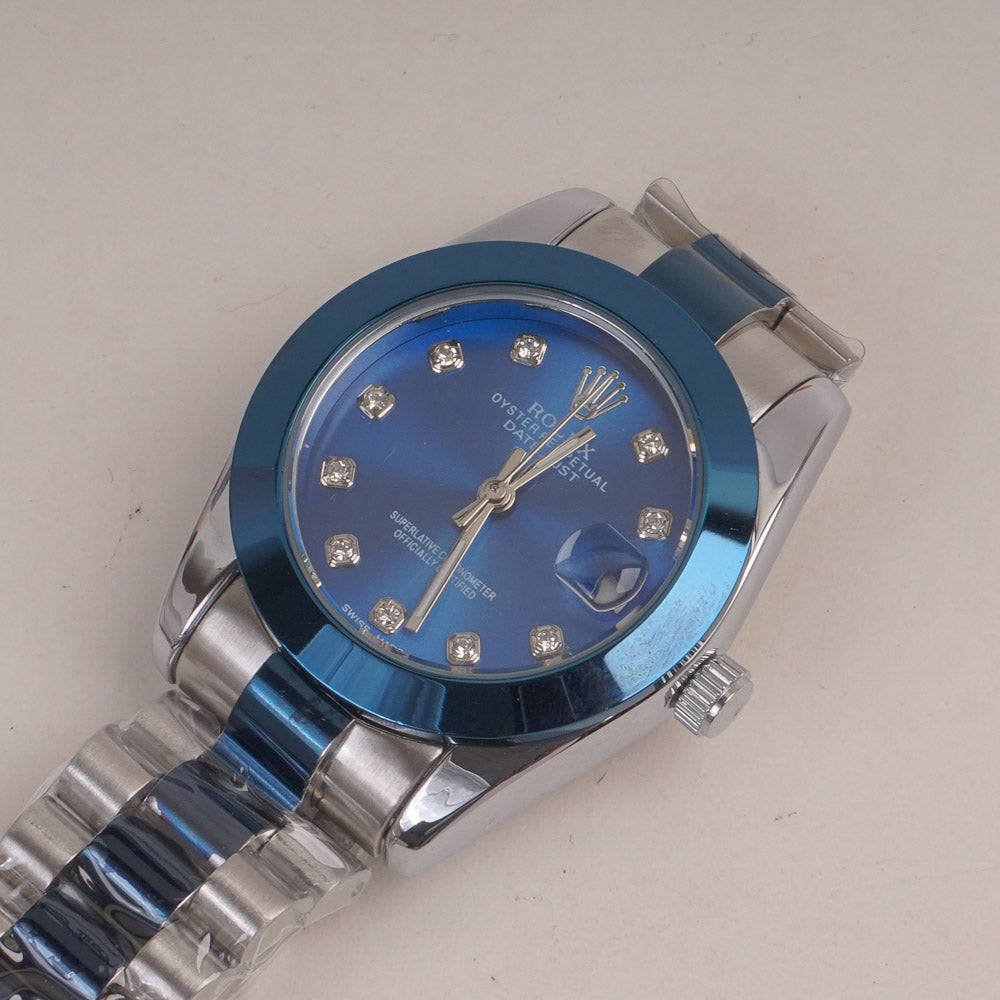 Two Tone Womans Silver Chain Wrist Watch With Blue Dial