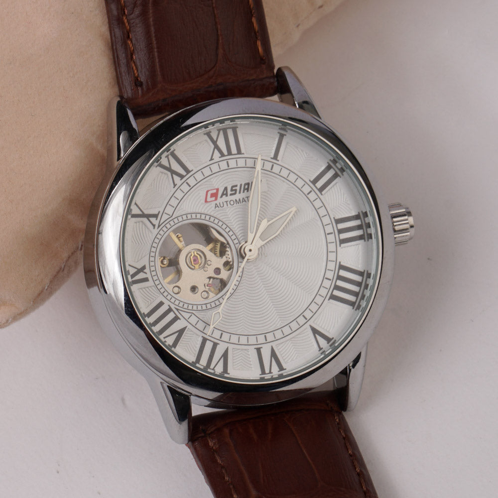 Mans Automatic Watch With Leather Straps Silver Wht