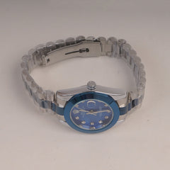 Two Tone Womans Silver Chain Wrist Watch With Blue Dial