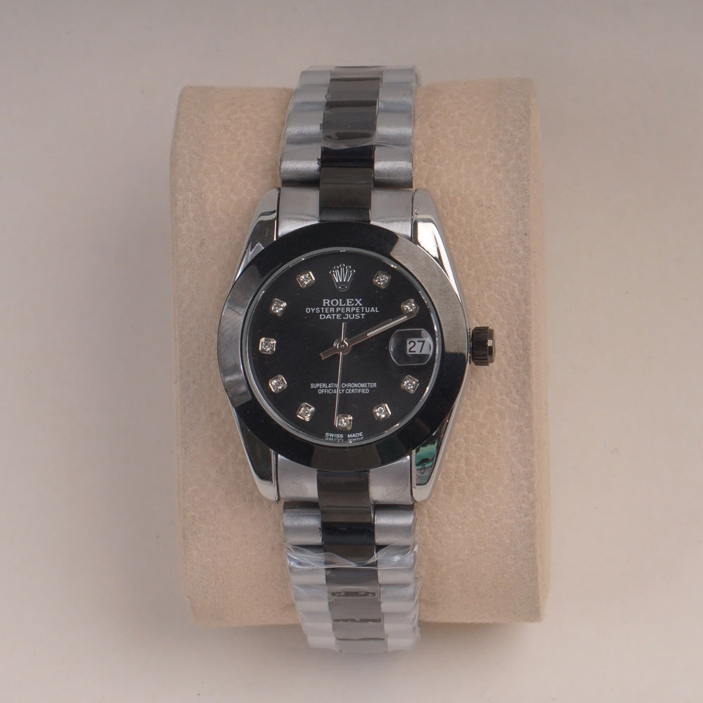 Two Tone Womans Silver Chain Wrist Watch With Black Dial