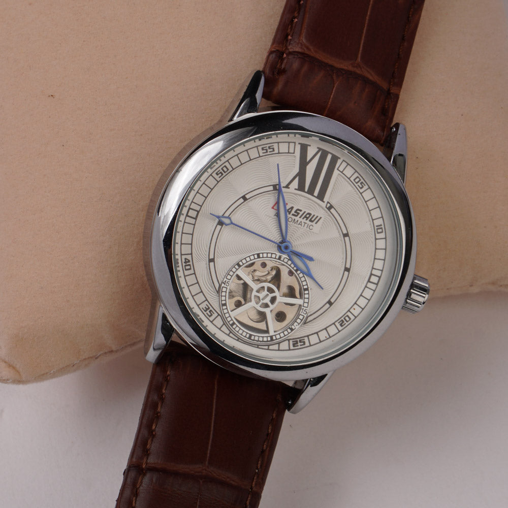 Mans Automatic Watch With Leather Straps Silver Wht 1