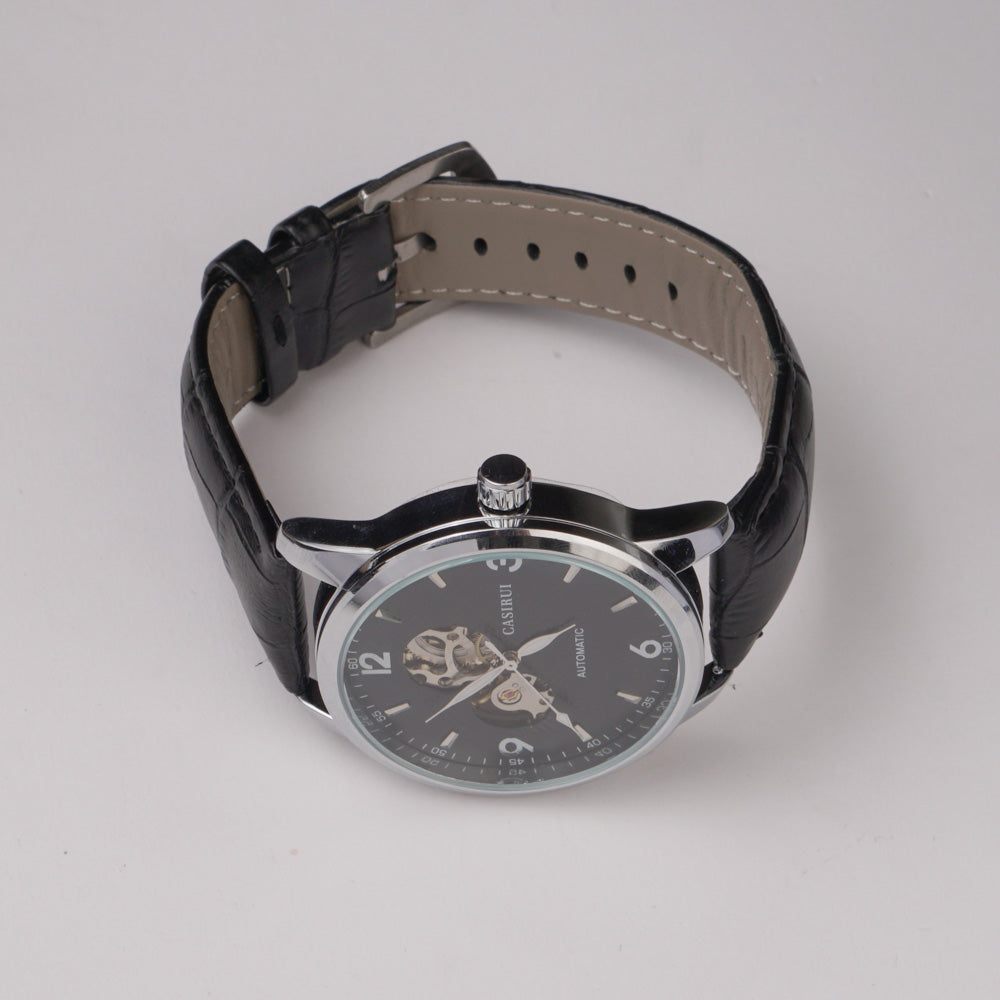 Mans Automatic Watch With Leather Straps Silver Blk