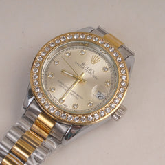 Two Tone Womans Silver Chain Wrist Watch With Golden Dial