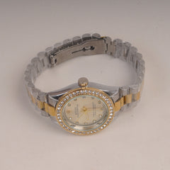 Two Tone Womans Silver Chain Wrist Watch With Golden Dial