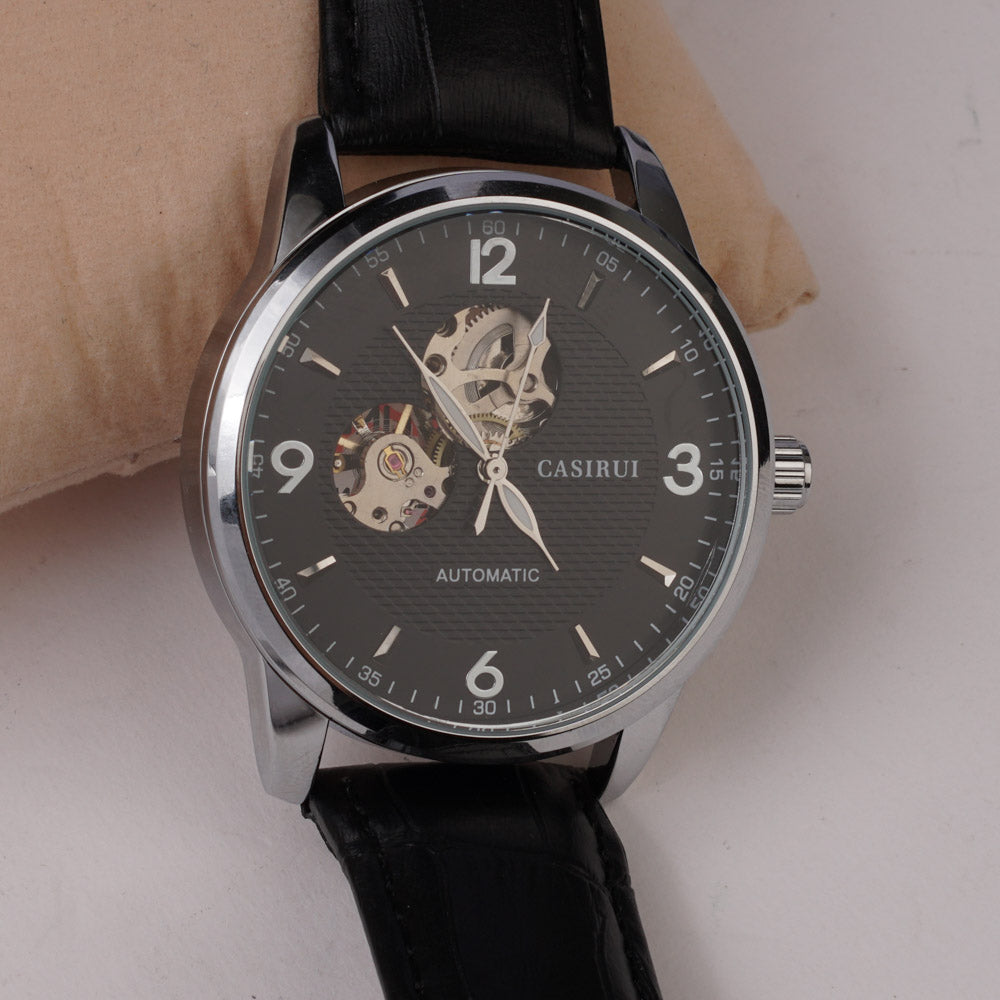Mans Automatic Watch With Leather Straps Silver Blk