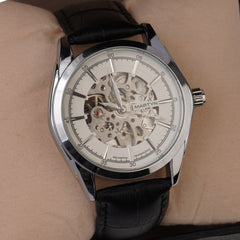 Mans Automatic Watch With Leather Straps Silver Wht