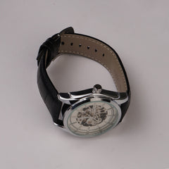 Mans Automatic Watch With Leather Straps Silver Wht