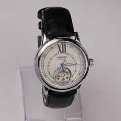 Mans Automatic Watch With Leather Straps Silver Wht 1