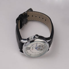 Mans Automatic Watch With Leather Straps Silver Wht 1