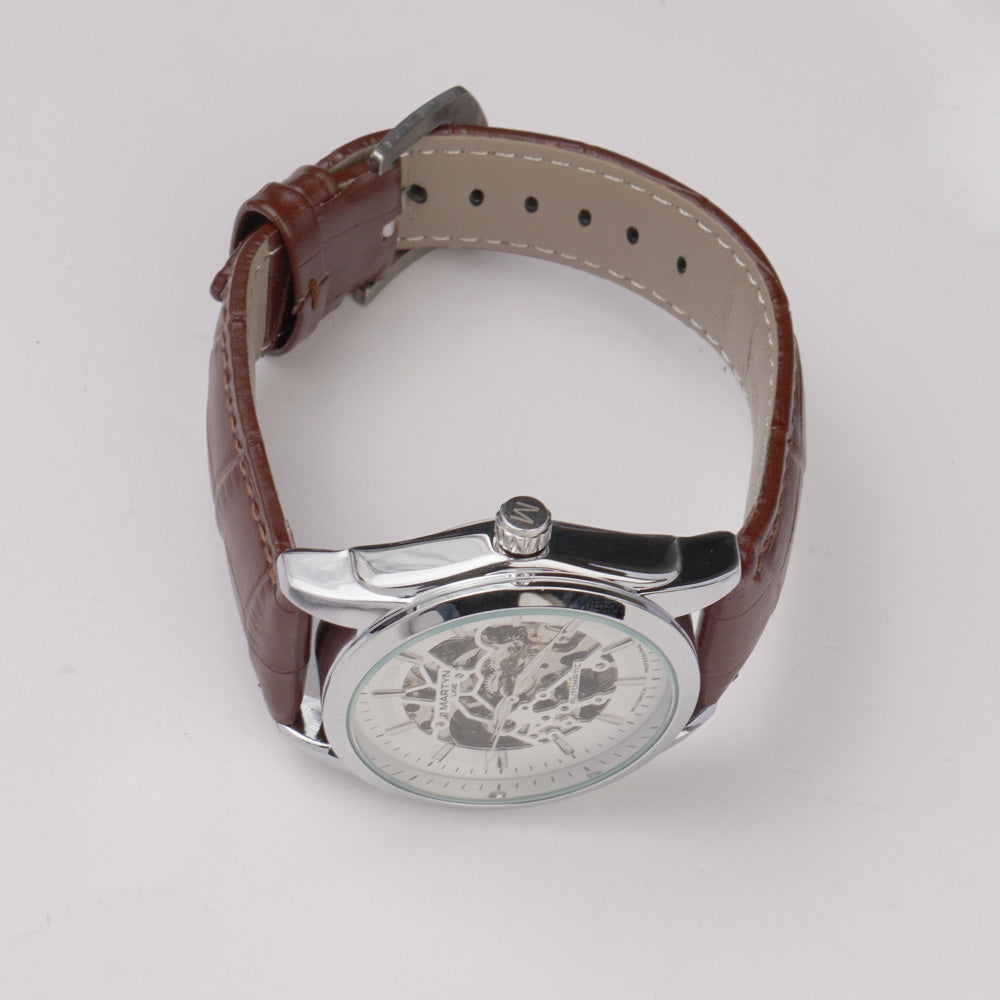 Mans Automatic Watch With Leather Straps Silver Wht