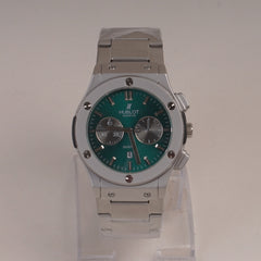 Mens Silver Chain Wrist Watch with Green Dial