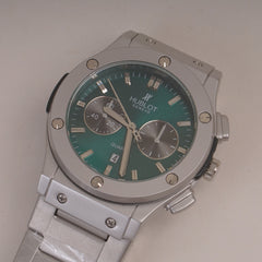 Mens Silver Chain Wrist Watch with Green Dial