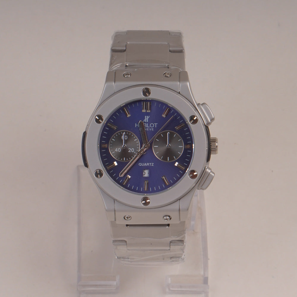 Mens Silver Chain Wrist Watch with Blue Dial