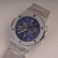 Mens Silver Chain Wrist Watch with Blue Dial