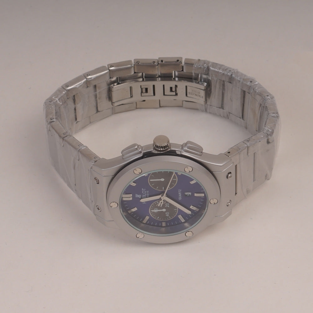 Mens Silver Chain Wrist Watch with Blue Dial