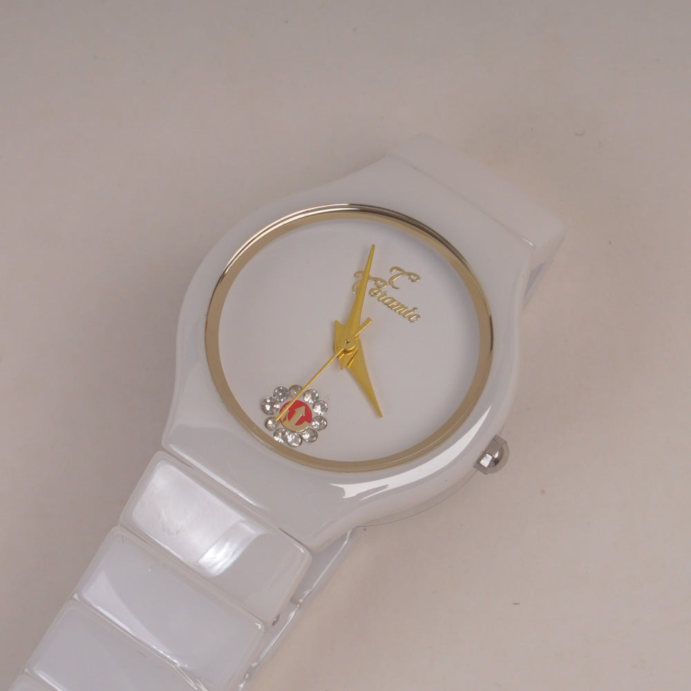 Woman Ceramic Design Chain Watch White Dial Golden Ring