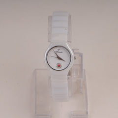 Woman Ceramic Design Chain Watch White Dial Silver Ring