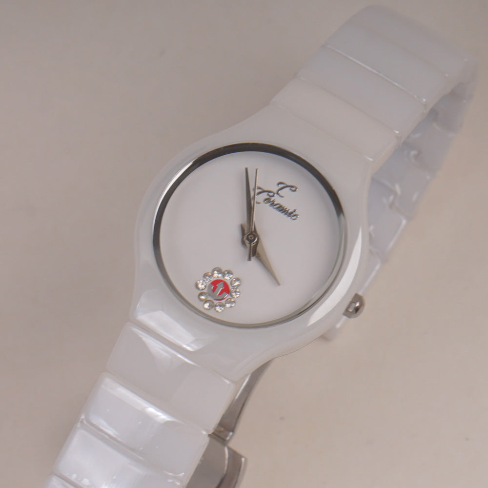 Woman Ceramic Design Chain Watch White Dial Silver Ring