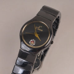 Woman Ceramic Design Chain Watch Black Dial Golden Ring