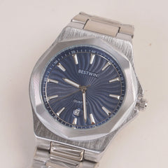 Mens Silver Chain Wrist Watch with Blue Dial