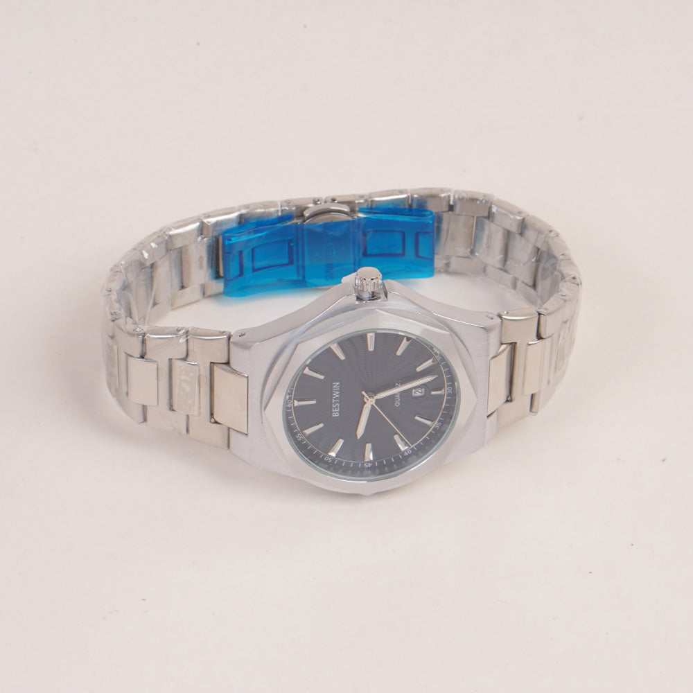 Mens Silver Chain Wrist Watch with Blue Dial