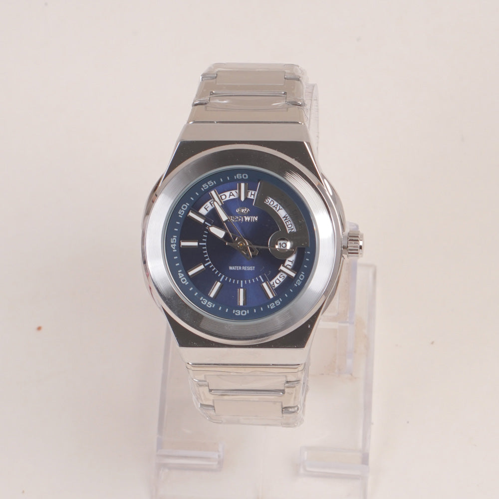 Mens Silver Chain Wrist Watch with Blue Dial