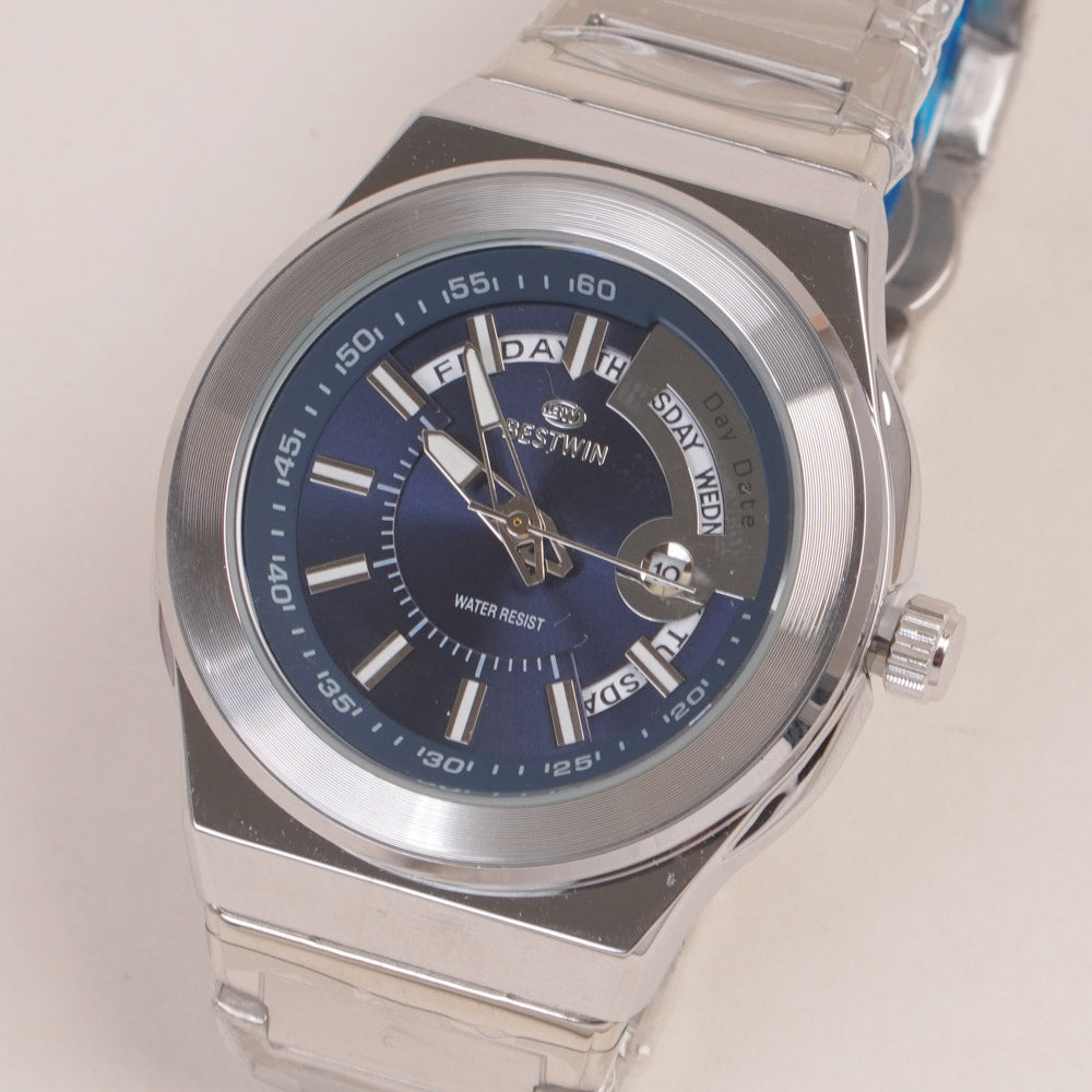 Mens Silver Chain Wrist Watch with Blue Dial