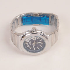 Mens Silver Chain Wrist Watch with Blue Dial