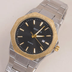 Mens Silver Chain Wrist Watch with Golden Black Dial