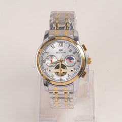 Two Tone Mens Silver Chain Wrist Watch with Golden Dial