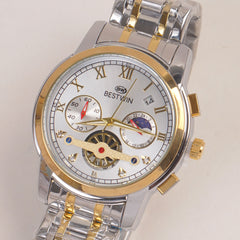 Two Tone Mens Silver Chain Wrist Watch with Golden Dial