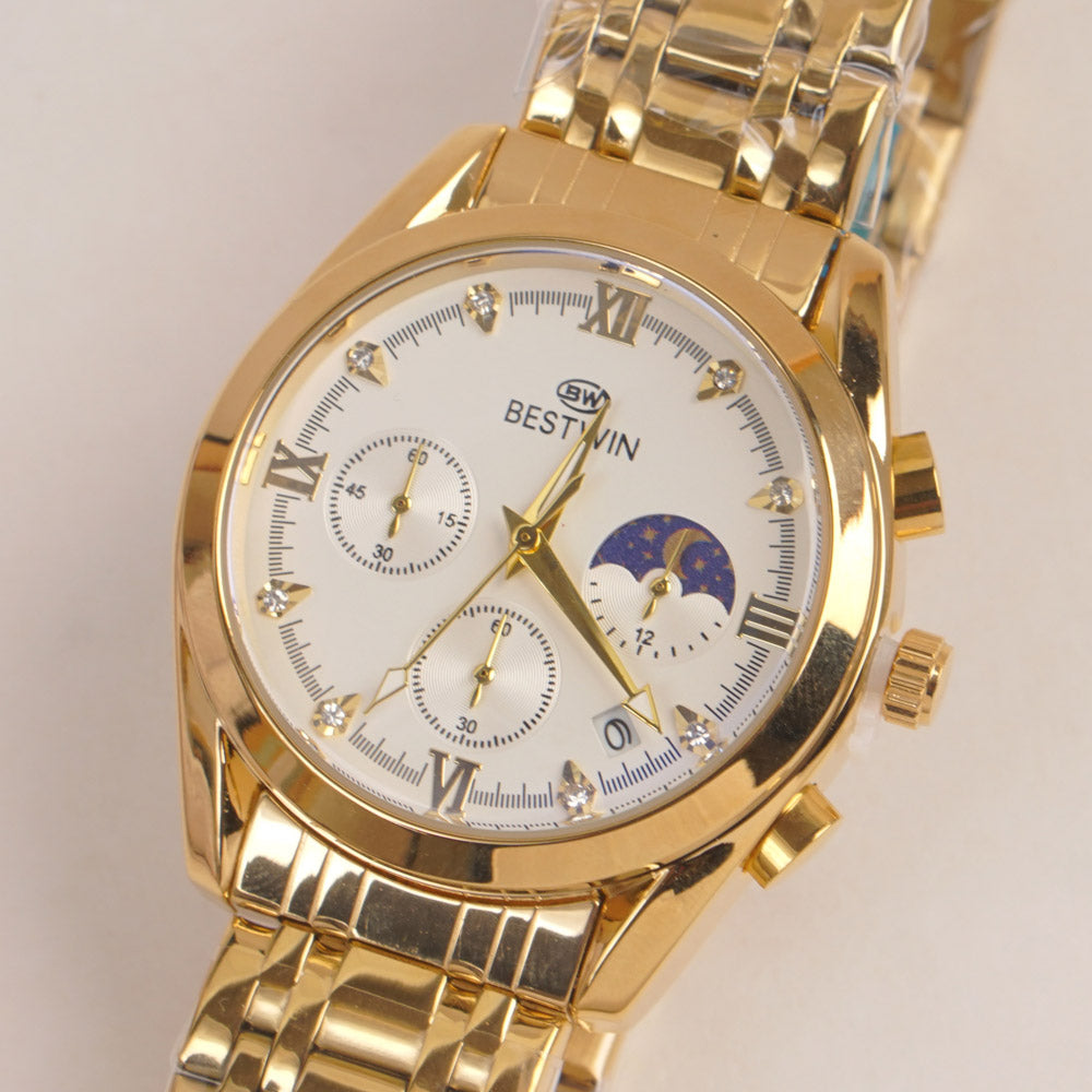 Mens Golden Chain Wrist Watch with White Dial