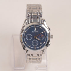 Mens Silver Chain Wrist Watch with Blue Dial