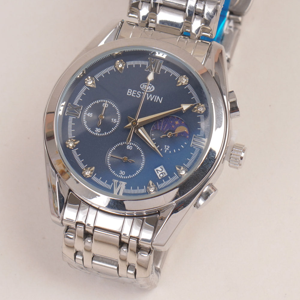 Mens Silver Chain Wrist Watch with Blue Dial