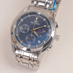 Mens Silver Chain Wrist Watch with Blue Dial