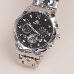 Mens Silver Chain Wrist Watch with Black Dial