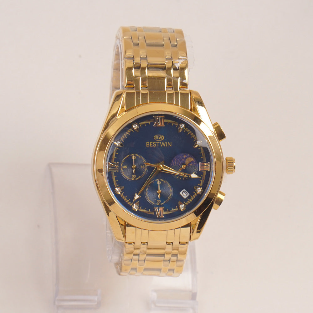 Mens Golden Chain Wrist Watch with Blue Dial