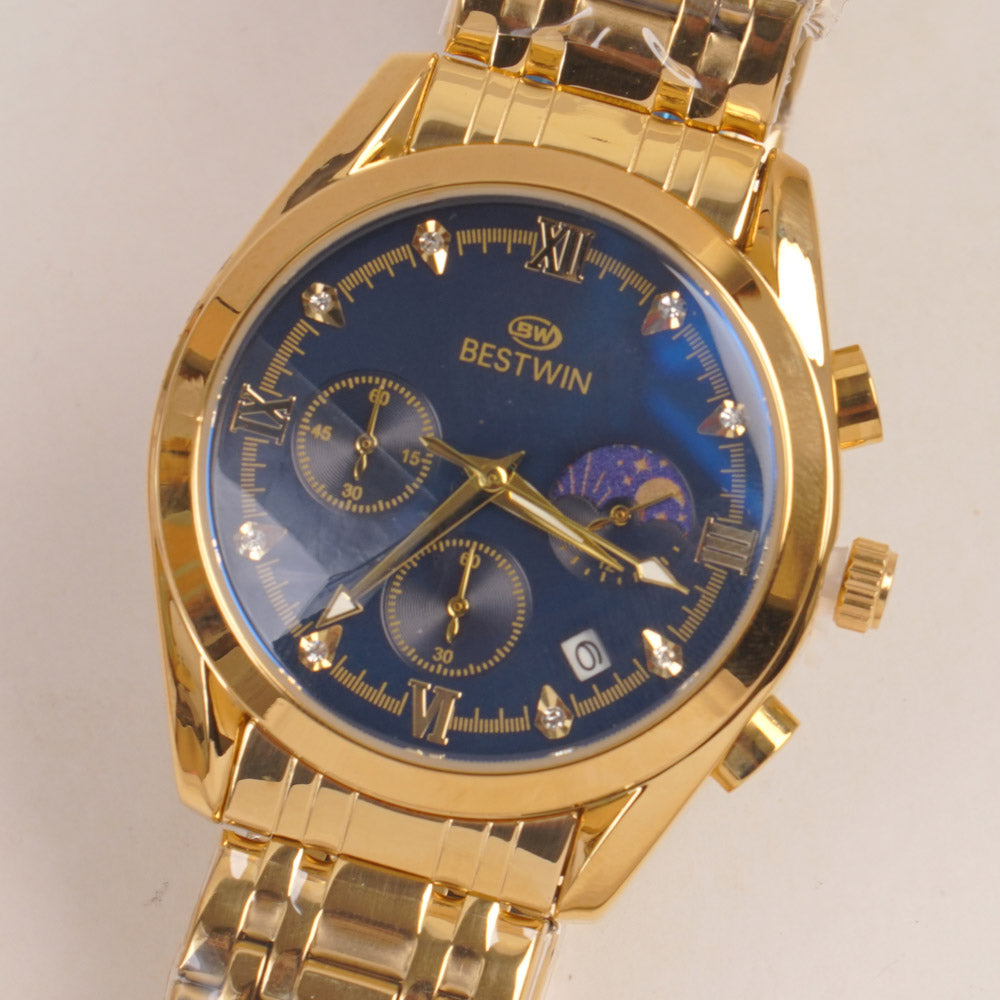 Mens Golden Chain Wrist Watch with Blue Dial