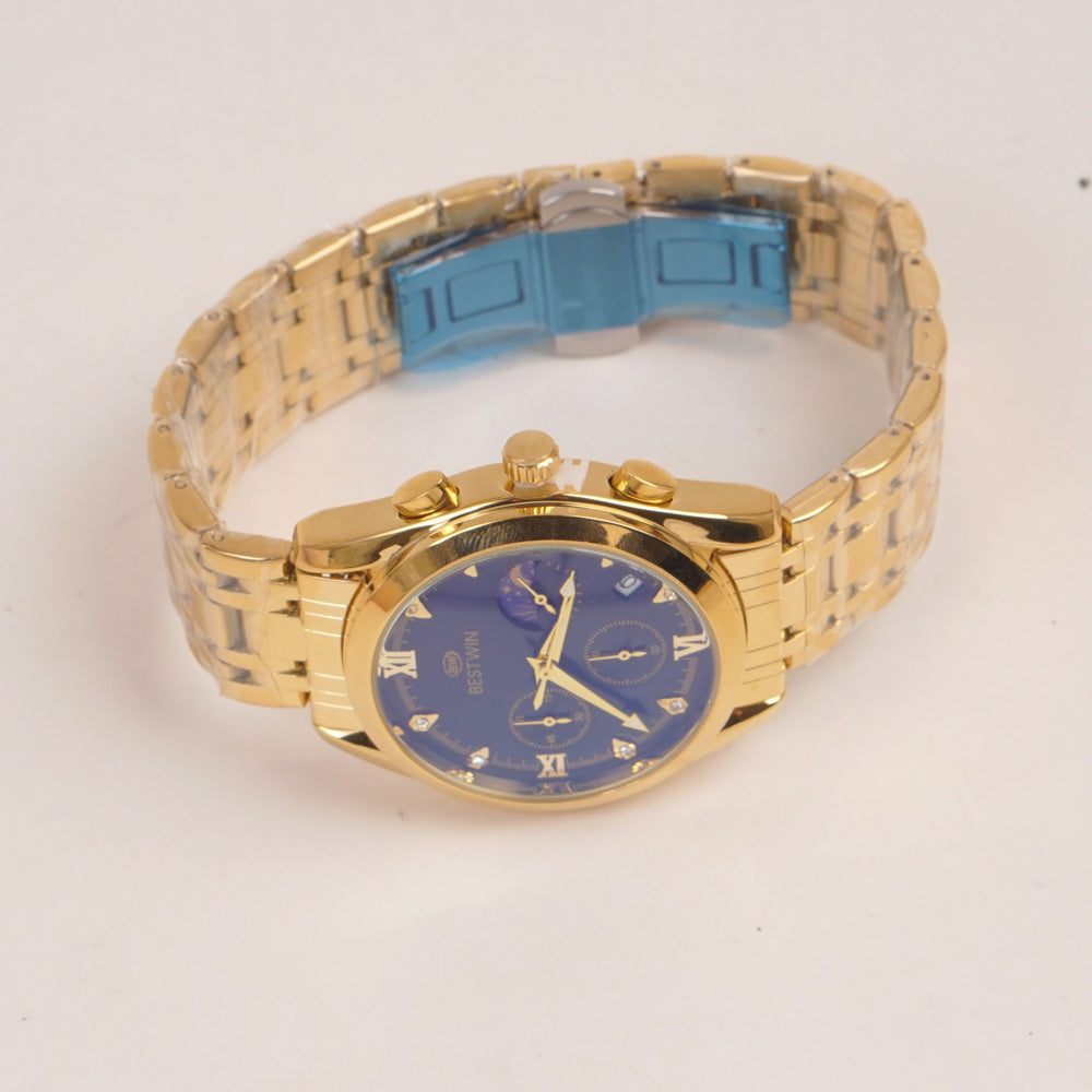 Mens Golden Chain Wrist Watch with Blue Dial