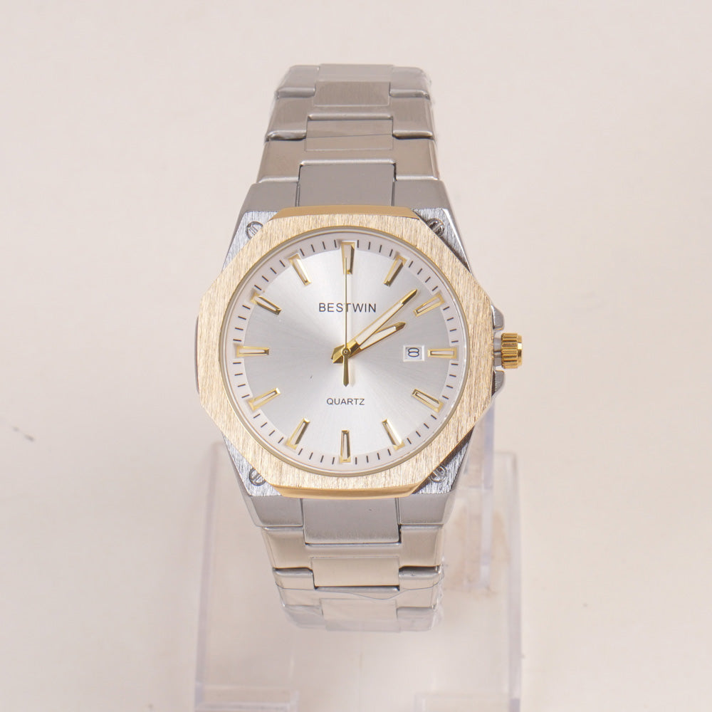 Mens Silver Chain Wrist Watch with Golden White Dial