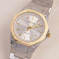 Mens Silver Chain Wrist Watch with Golden White Dial