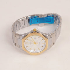 Mens Silver Chain Wrist Watch with Golden White Dial