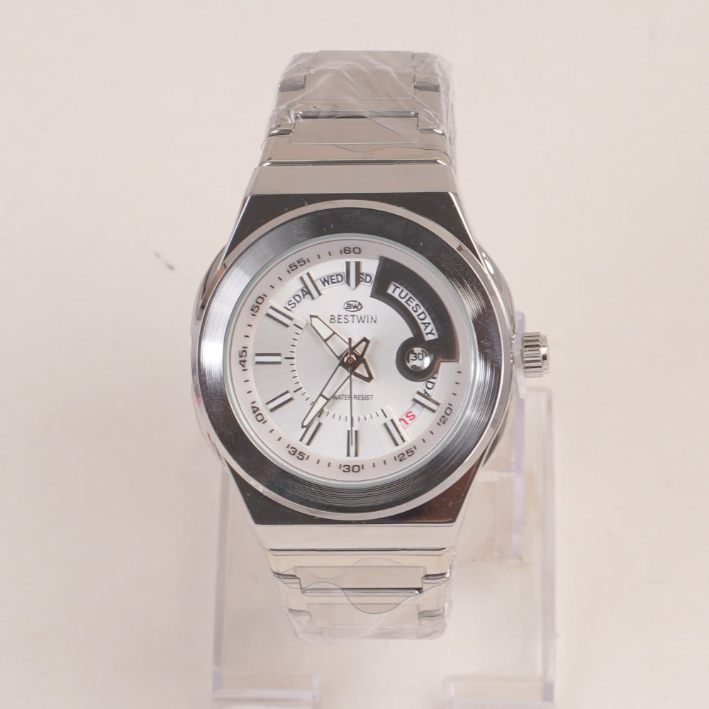 Mens Silver Chain Wrist Watch with White Dial