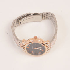 Two Tone Silver Chain Womans Rosegold Watch Black Dial