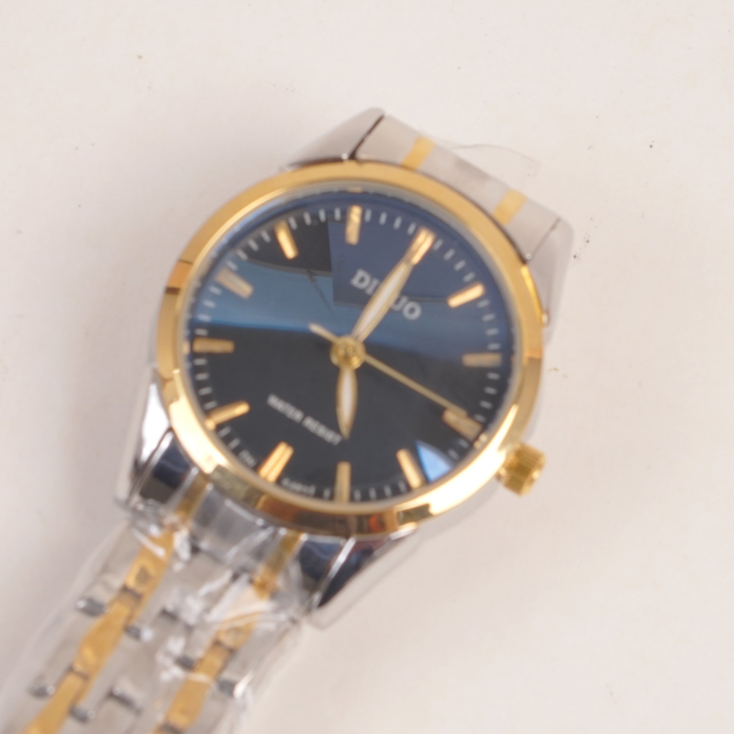 Two Tone Silver Chain Womans Golden Watch Blue shade glass black Dial