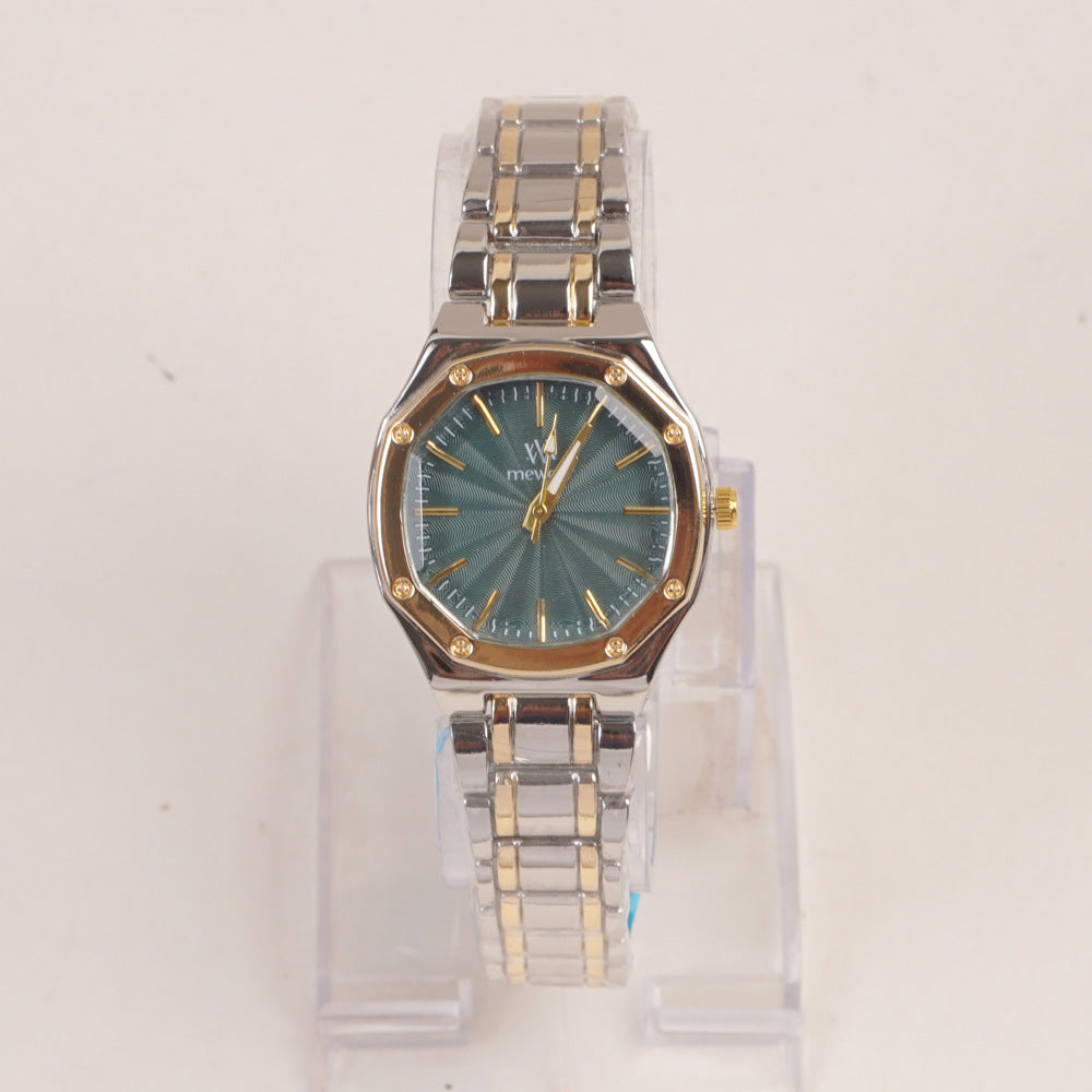 Two Tone Women's Silver Chain Wrist Watch With Green Dial
